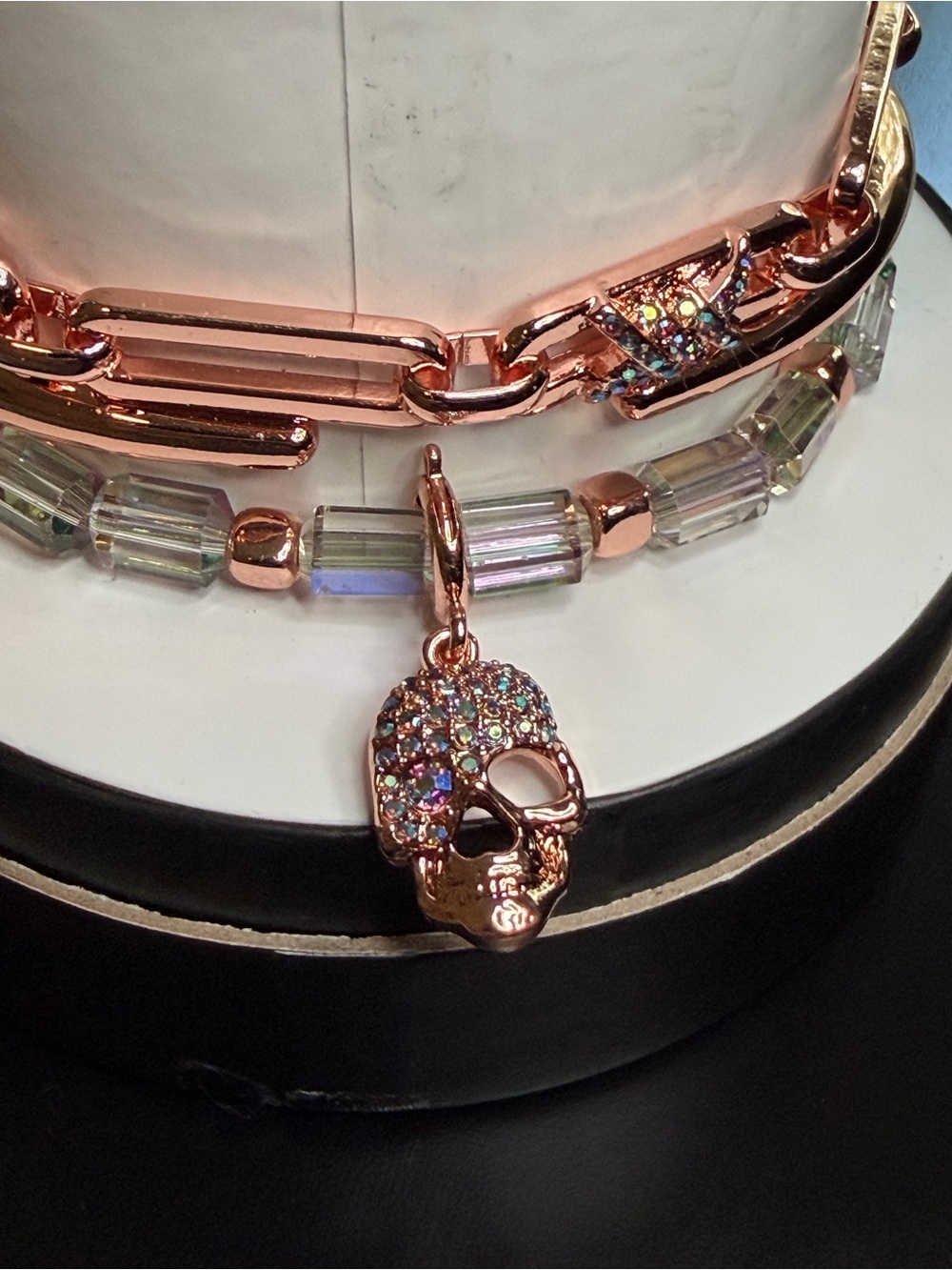 2025 Halloween Stack Rose Gold Skull Charm Bracelet with Crystal Beads
